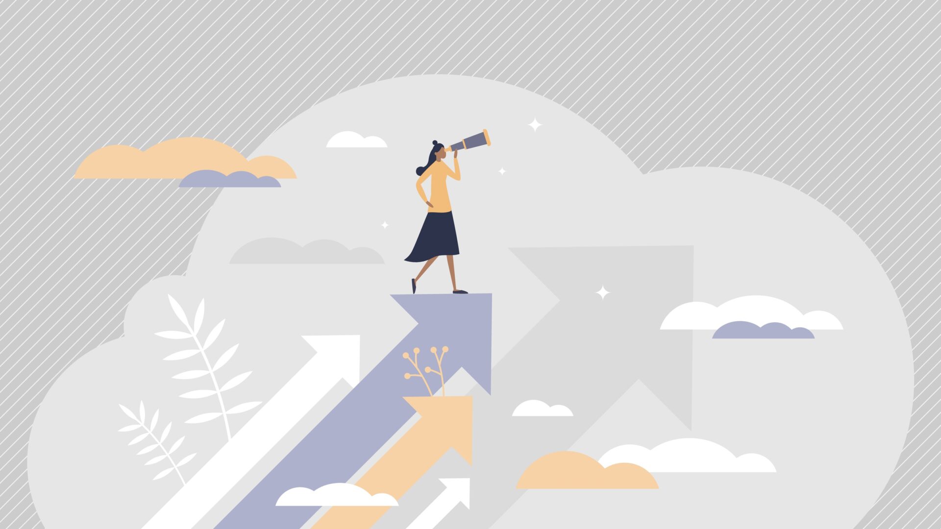 Stylized illustration of a visionary figure standing atop a soaring arrow, gazing through a telescope into a dreamy horizon. Surrounded by whimsical clouds, vibrant upward arrows, and celestial accents, the scene evokes ambition, growth, and forward-thinking in a palette of soft blues, oranges, and grays.