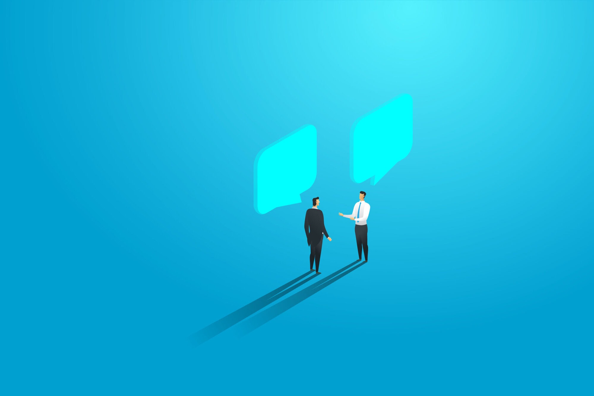 Two illustrated business professionals stand facing each other and talking, with large blue speech bubbles above them on a blue background and long shadows cast behind them.