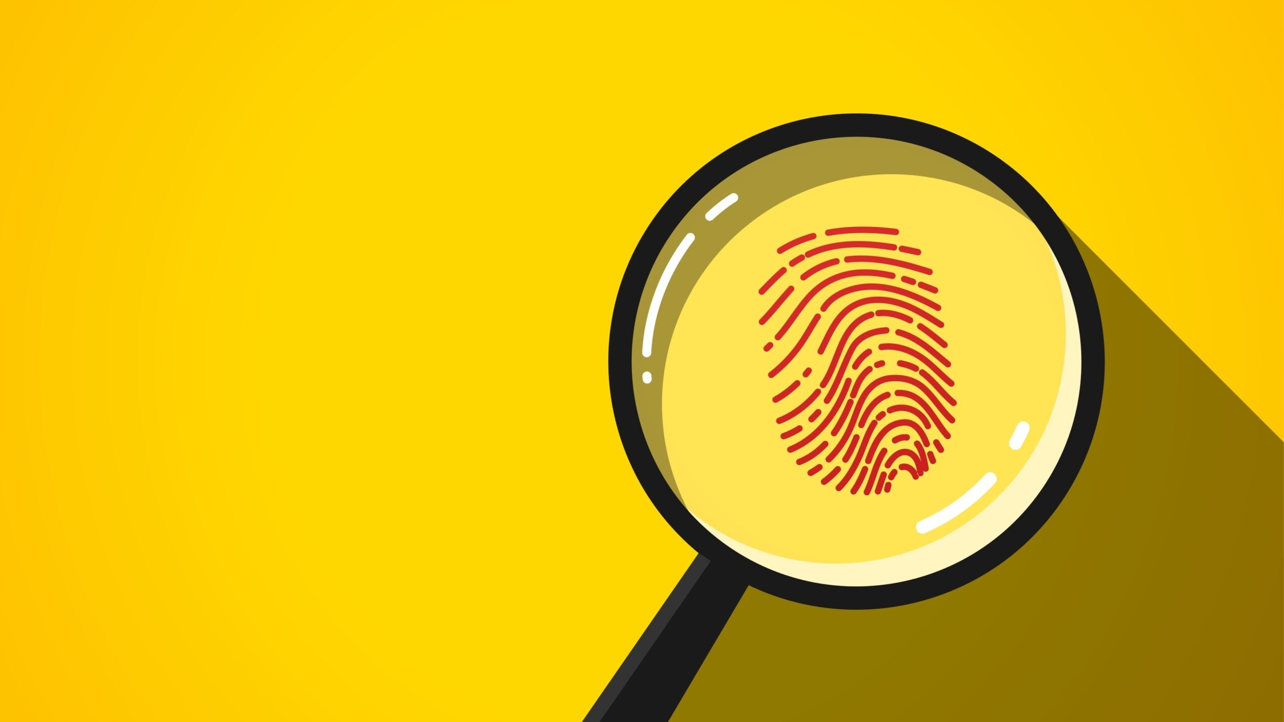 A black magnifying glass centered on a bright yellow background, enlarging a red fingerprint inside its lens.